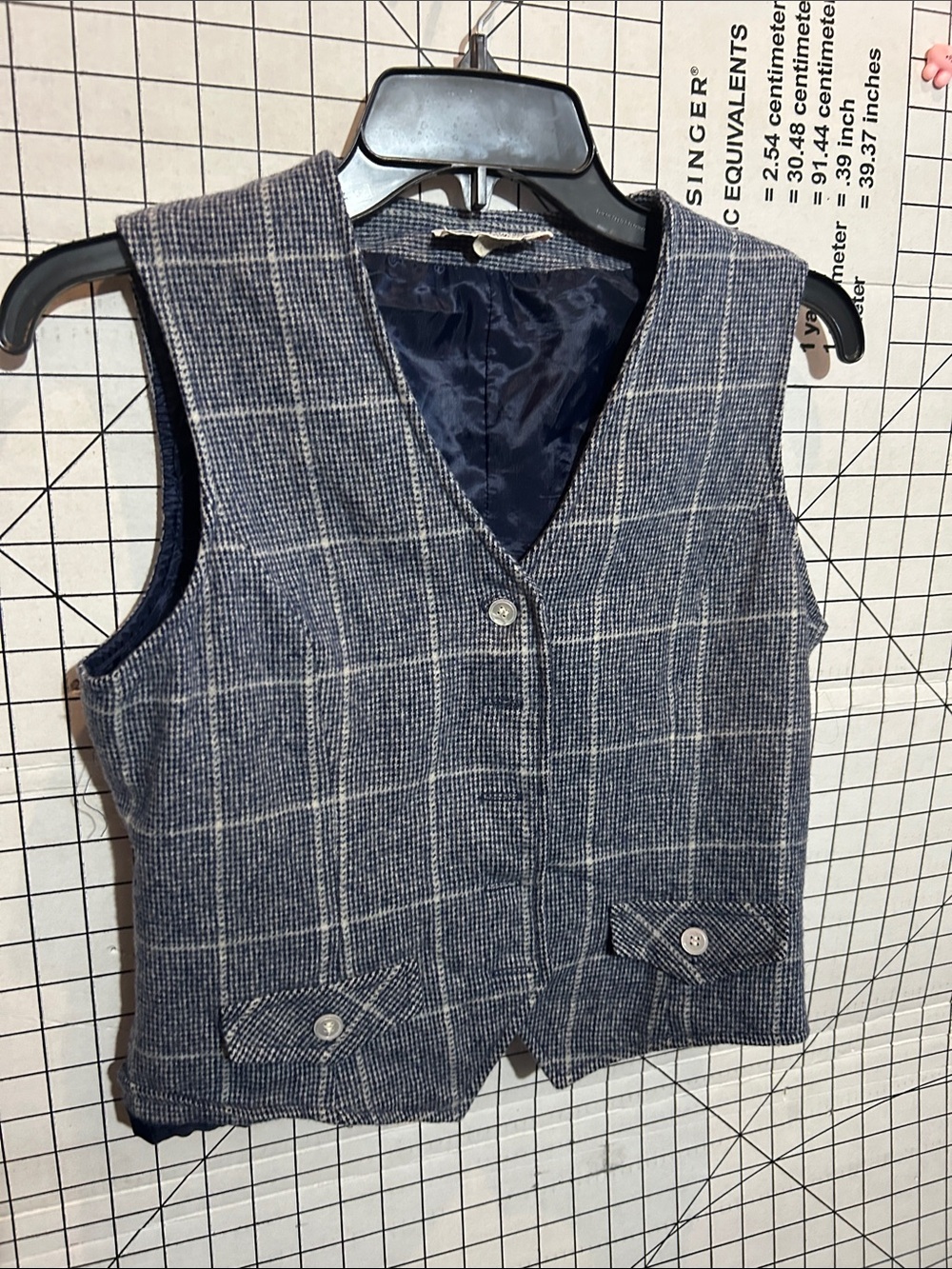 Vintage Villager Navy Plaid Vest with Subtle White Windowpane